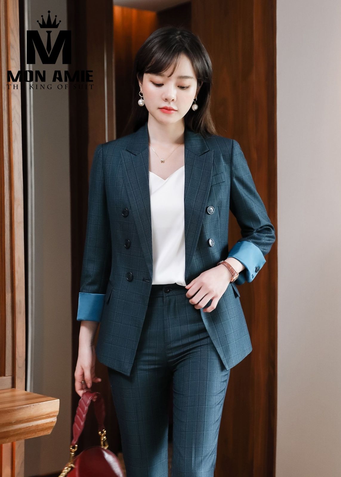 Teal Plaid Double Breasted Suit With Trousers 